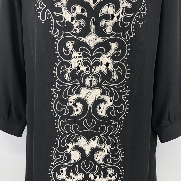 YA LA Sz S Black Dress 3/4 Sleeve Ivory Pattern Pullover Classic NEW NWT - Picture 3 of 6